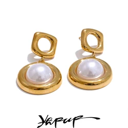 Yhpup Trending Simulated Pearls Round Drop Dangle Earrings for Women Korean Style Stainless Steel Charm Jewelry Prevent Allergy