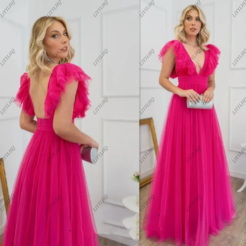 

Elegant Fuchsia Prom Dresses Sexy Deep V-Neck Backless A Line Ruffle Women Formal Night Evening Gowns New In Wedding Party Robe