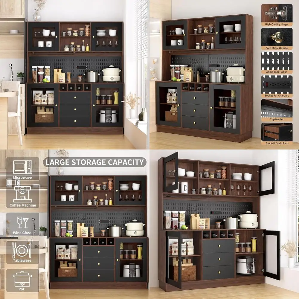 

Высокий кухонный шкаф-буфет 75 дюймов, широкий шкаф-кладовка 63 дюйма, буфет-сервант с перфорированной панелью, подстаканником, розеткой, 4 дверцами и 3 ящиками