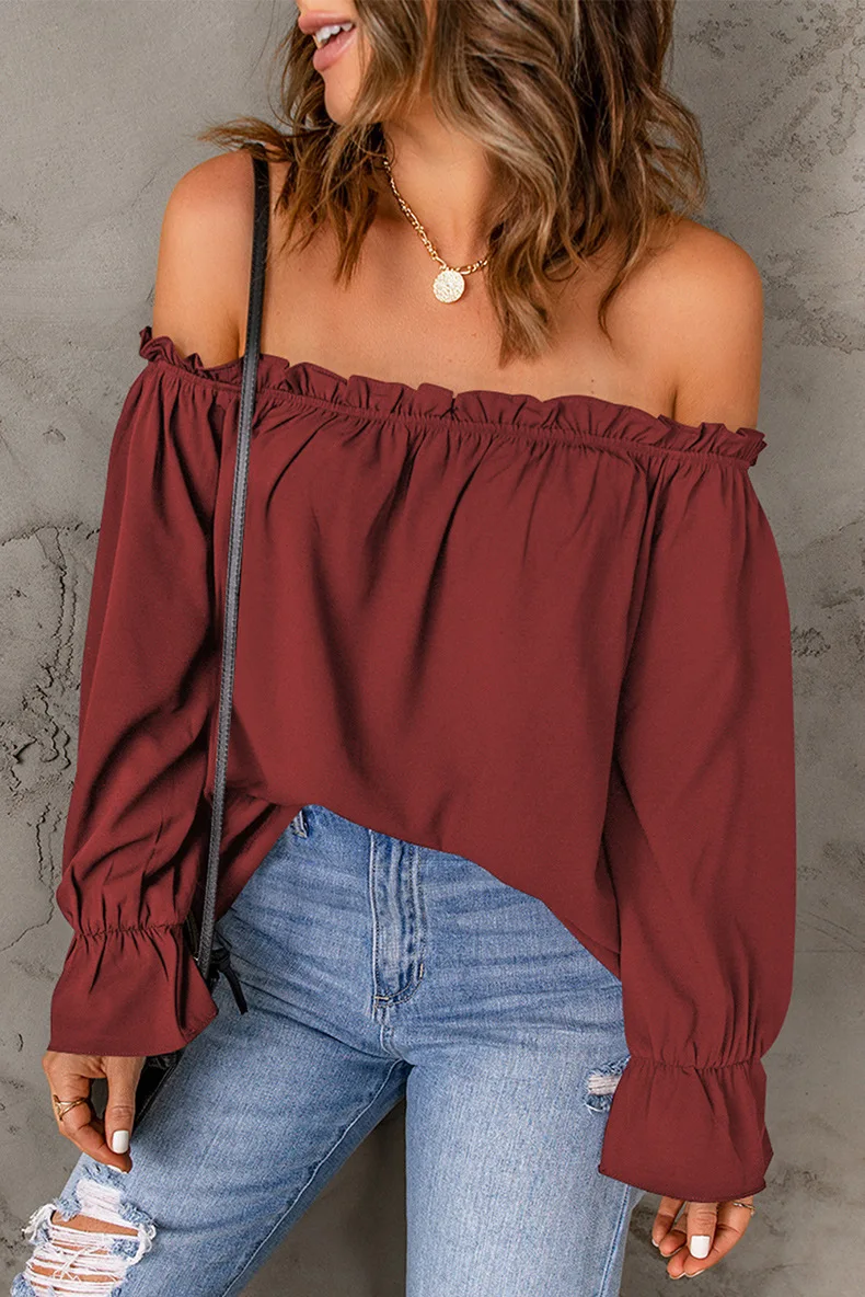 Elegant Women's Sexy Blouse2023 Spring/Summer One Line Neck Solid Color Pullover Off Shoulder TopsLady Casual Long Sleeve Shirt