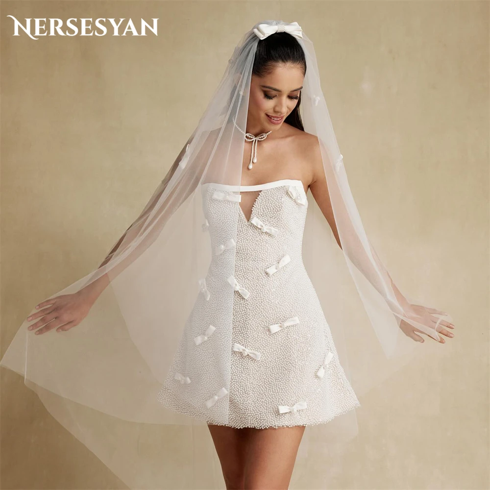 

Nersesyan Luxury Glitter Lace Wedding Dresses Bows A-Line Pearls Sleeveless Off Shoulder Bridal Gowns Backless Sparkly Bride