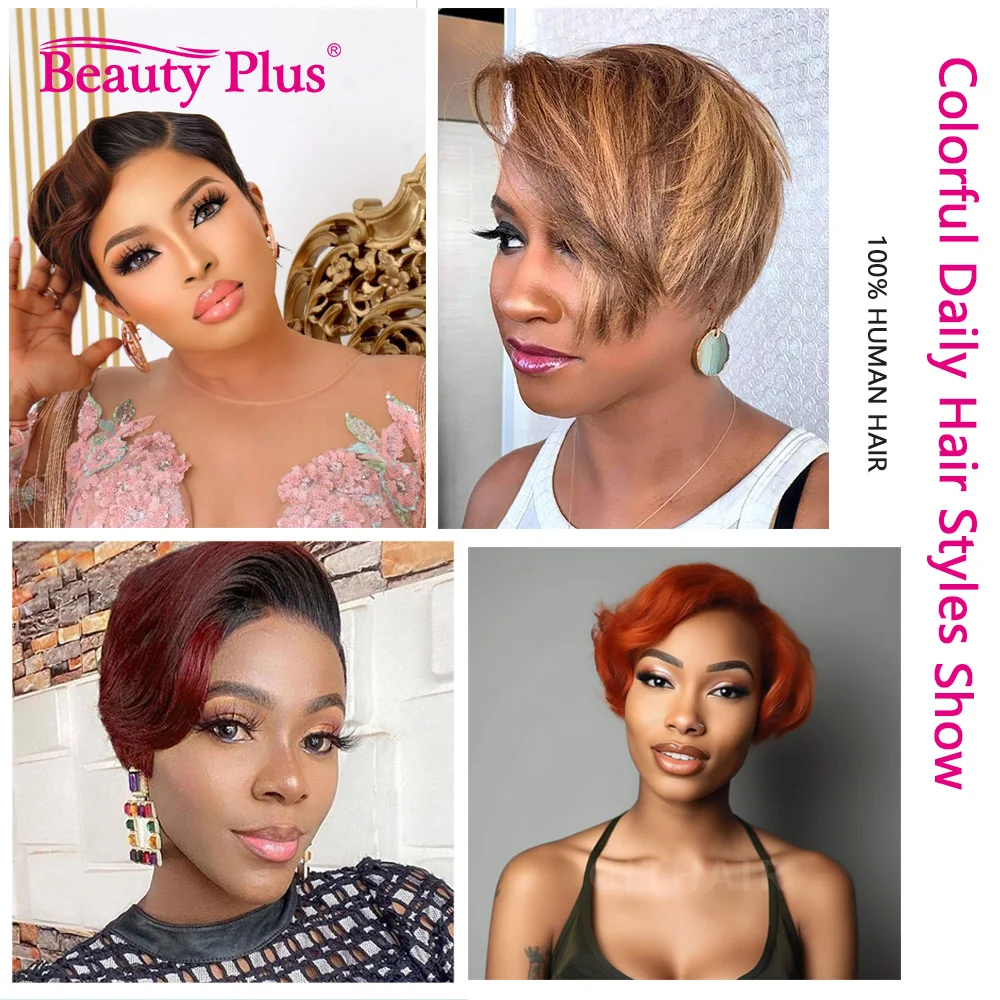 Short Pixie Cut T Part Lace  Wig for Black Women Ombre T1B 99J Wigs 150% Density Burgundy Human Hair  Short Wigs for Daily Use