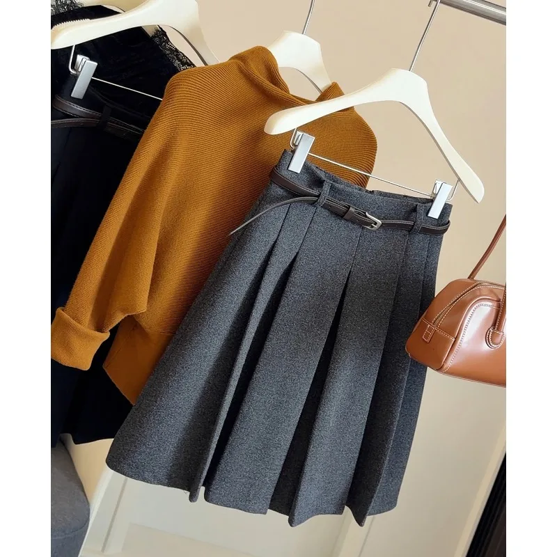 

Thick Woolen Pleated A-Line Skirt Women'S High Waist Skirt Preppy Korean Vintage Medi Skirt With Belt Office Lady Autumn Winter