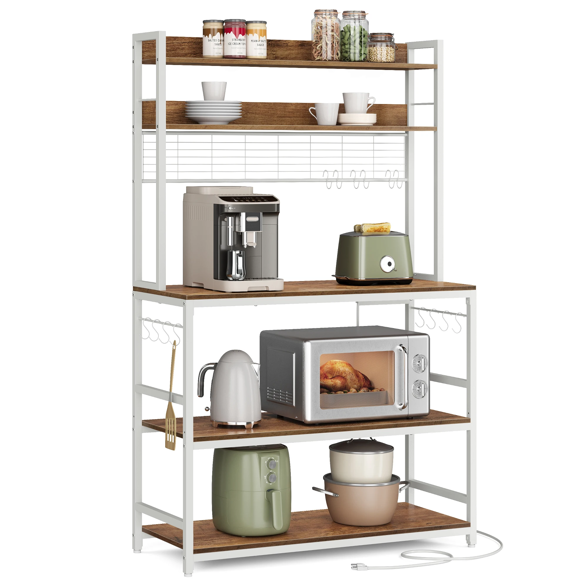 VASAGLE Hutch Bakers Rack with Power Outlet, 14 Hooks Microwave Stand, Adjustable Coffee Bar with Metal Wire Panel