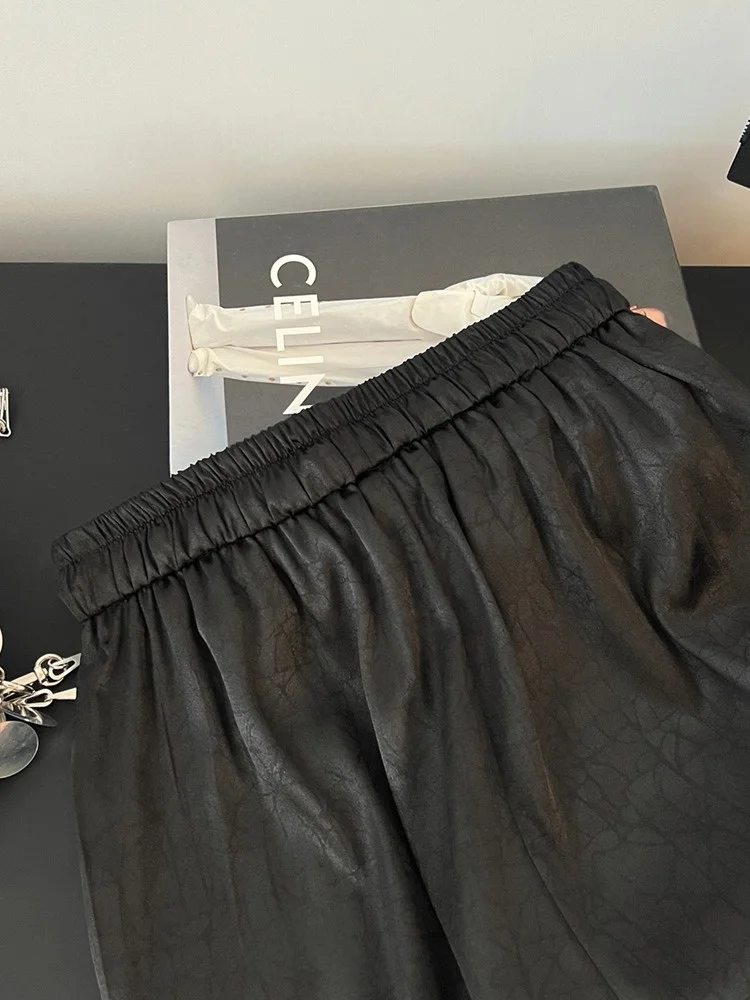 세련된 하이웨이스트 스트레이트 레그 아이스 실크 와이드 레그 팬츠 여성 여름 얇은 드레이프 슬리밍 캐주얼 롱 트라우저