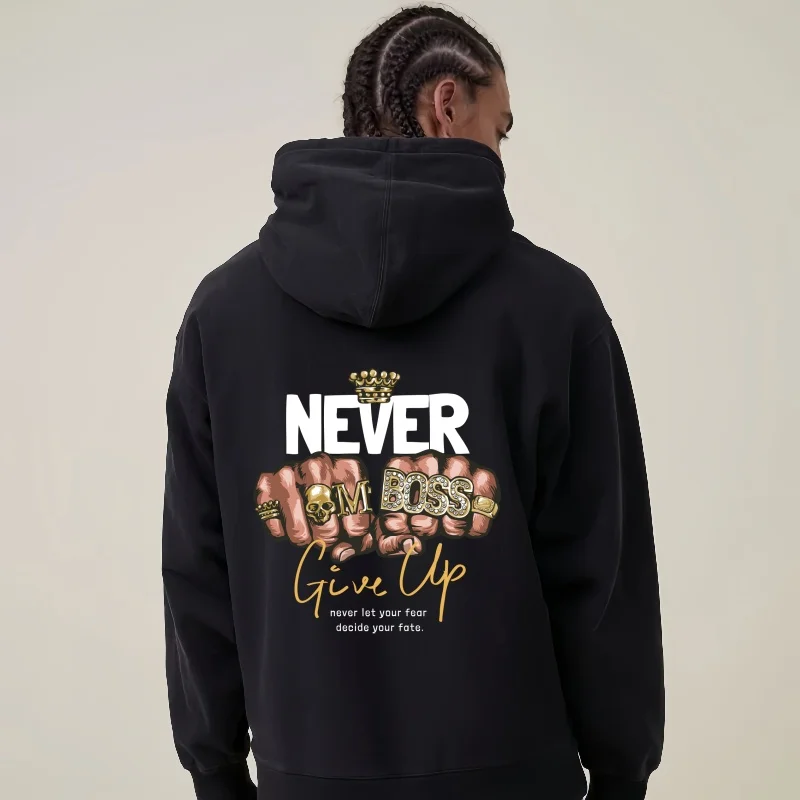 Never Give Up Hoodie - West Coast Hip-Hop Style, Bold Fist Graphic Back Print with 'I'm Boss' Motivational Design