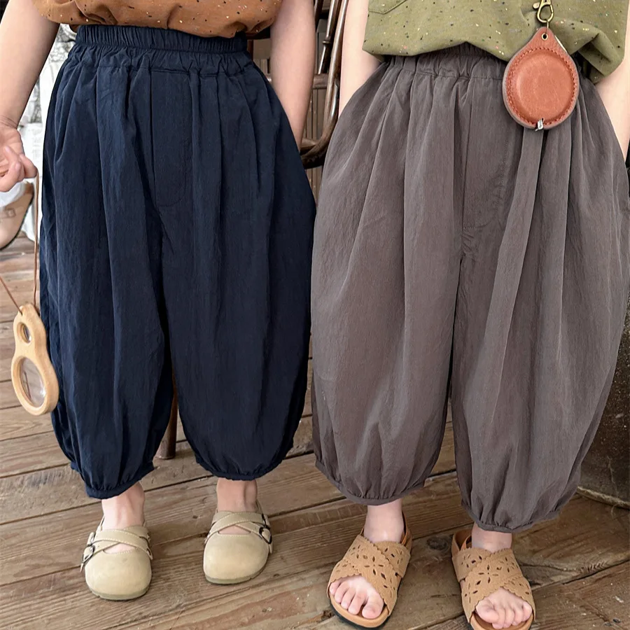 

2025 Summer New Boys' Solid Color Tencel Lantern Pants and Girls' Loose Nine Cent Pants Mosquito Resistant Pants
