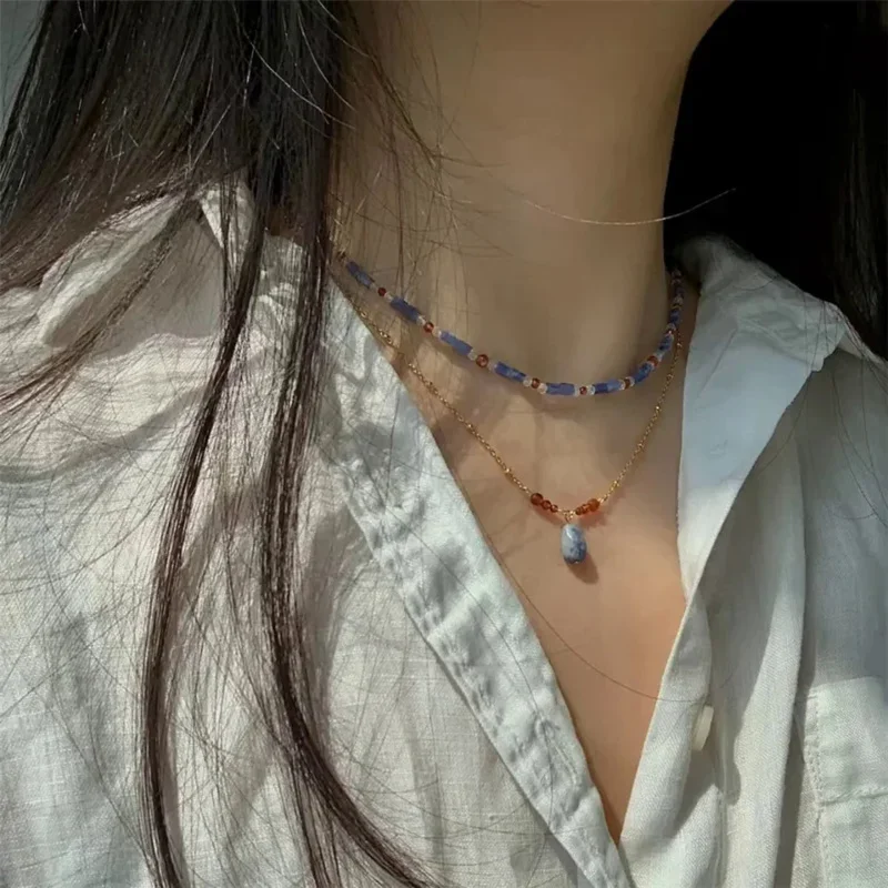 Kalung tumpuk batu biru trendi wanita, desain asli 2 buah/set kalung rantai klavikula terjangkau hadiah perhiasan