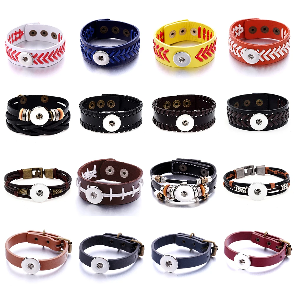 Charming Colorful Pu Leather Wide Cuff bracelets Football Baseball Wristband adjustable fit 18mm snap buttons DIY jewelry