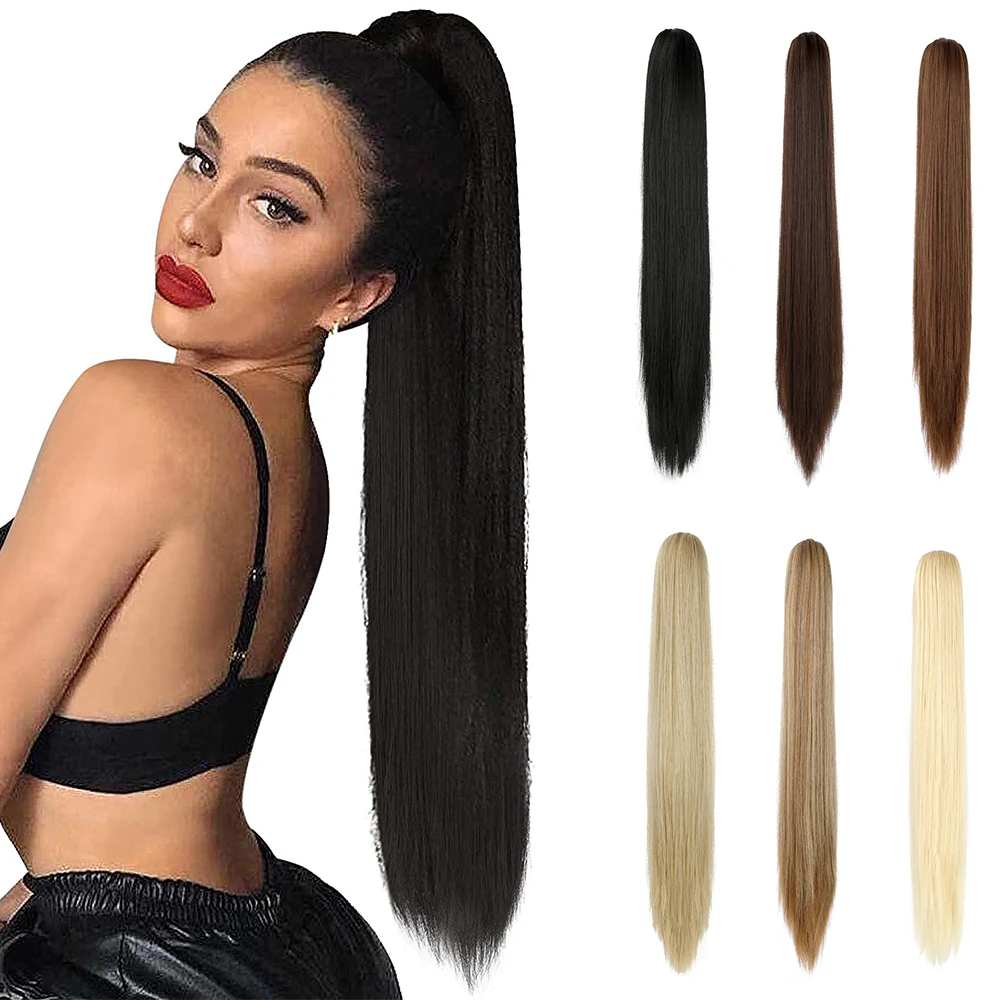 SHANGZI 21 Inch Straight Ponytail Extensions Synthetic Claw Clip On BlondePonytail Wig Pony Tail Long  Hair Women Hairpiece