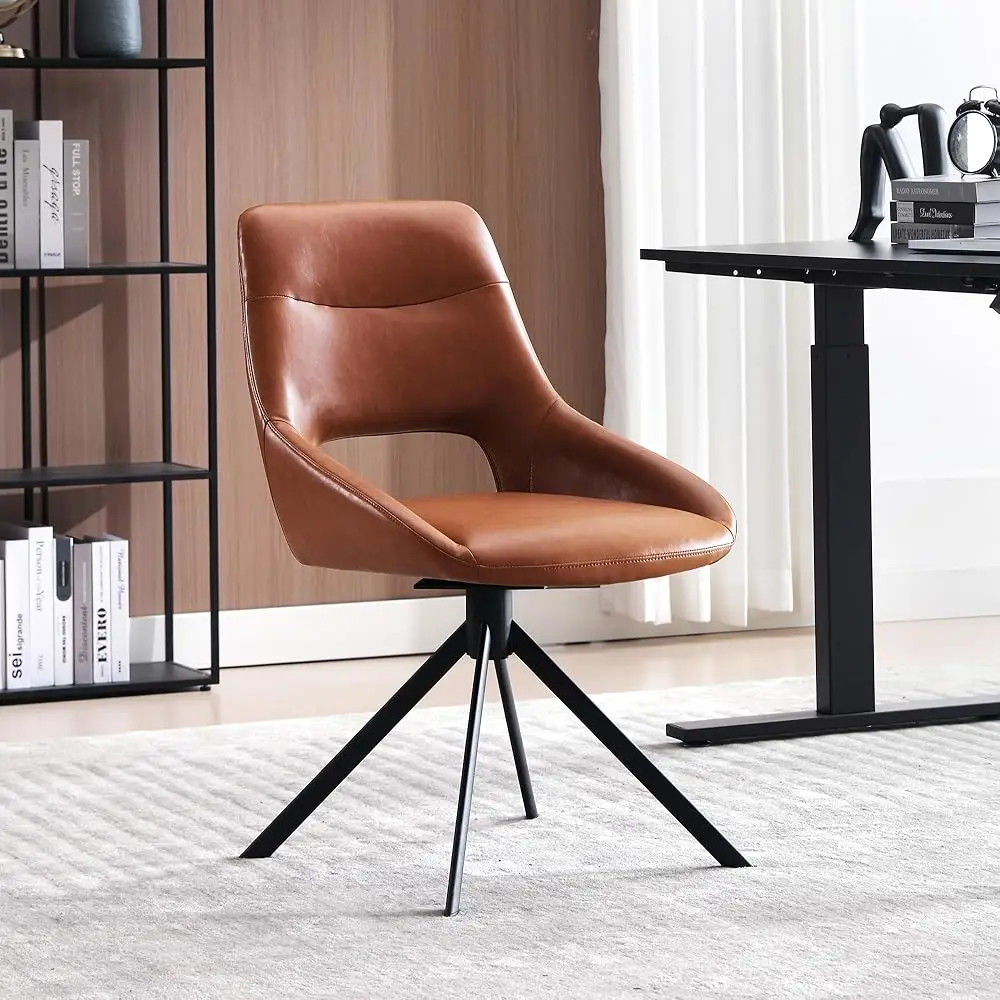 

Modern Desk Chair No Wheels, Swivel Vanity Chair With Hollow Back, Arml Home Office Chair For Girls Women, Brown Faux Leather