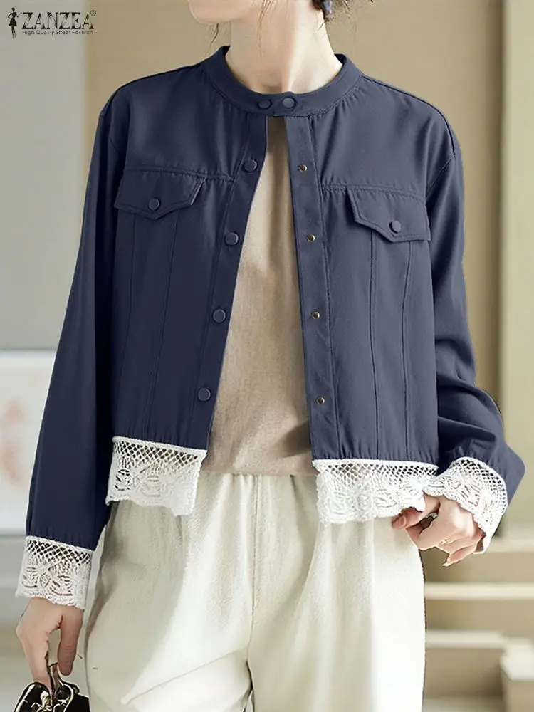 

ZANZEA Fall 2025 Lace Patchwork Hem Womens Jackets Casual Chic Mandarin Collar Long Sleeve Button Up Outerwear Commuting Wear