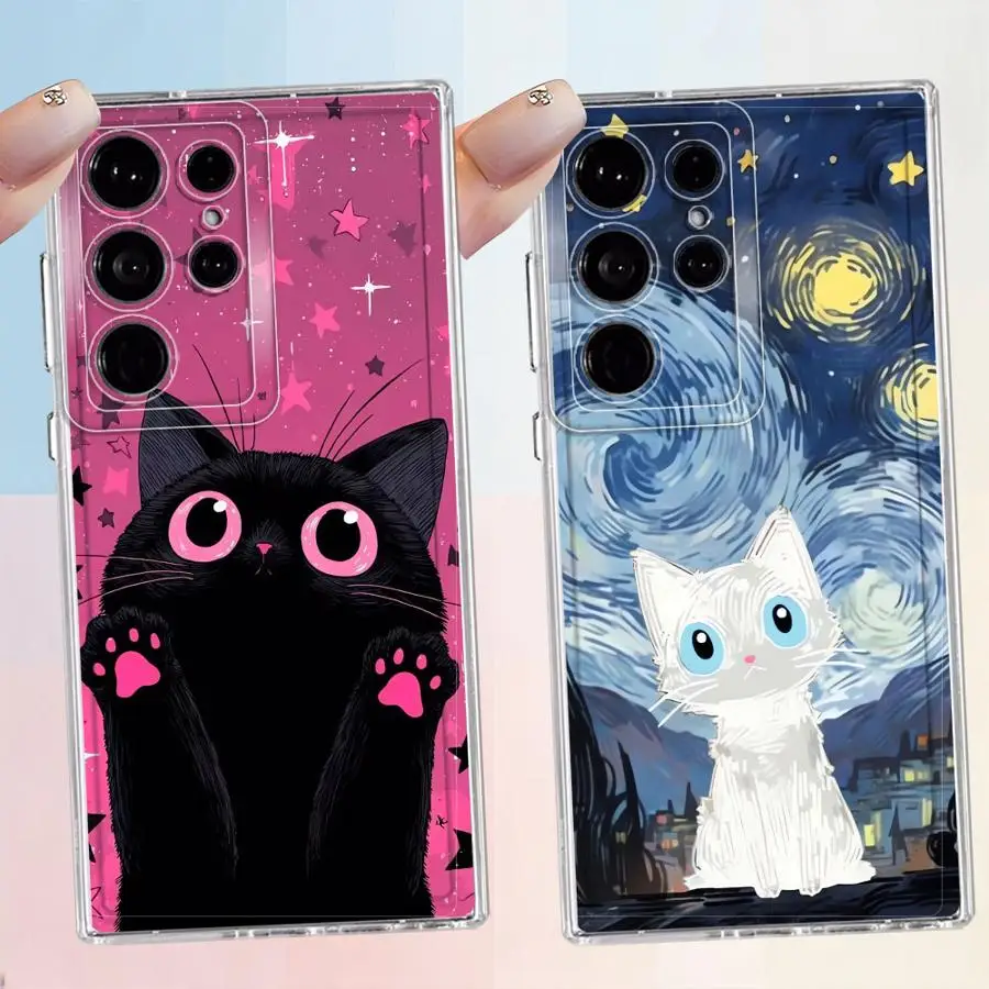 Cartoon Night Sky Cat Phone Cover Case for Samsung Galaxy S26 S22 FE S24 S23 Ultra S21 Note 20 Ultra 10 S20 Plus S25 Edge
