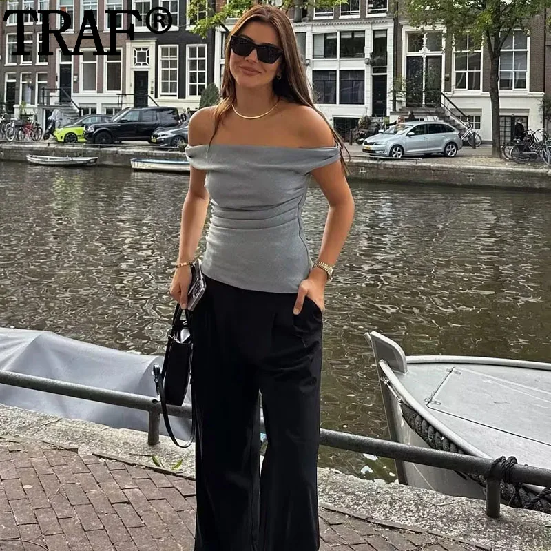 TRAF Ruched Grey Crop Top Women Off Shoulder Youth Blouses Woman Sleeveless Pleated Cropped Blouse Female Striped Bodycon Top