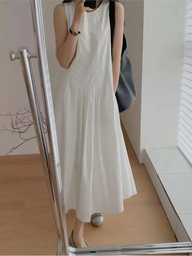 Summer Sleeveless Pleated Dress Women Solid Elegant Sundresses Ladies Dresses Korean O-Neck Midi Office Woman Dress Vestidos