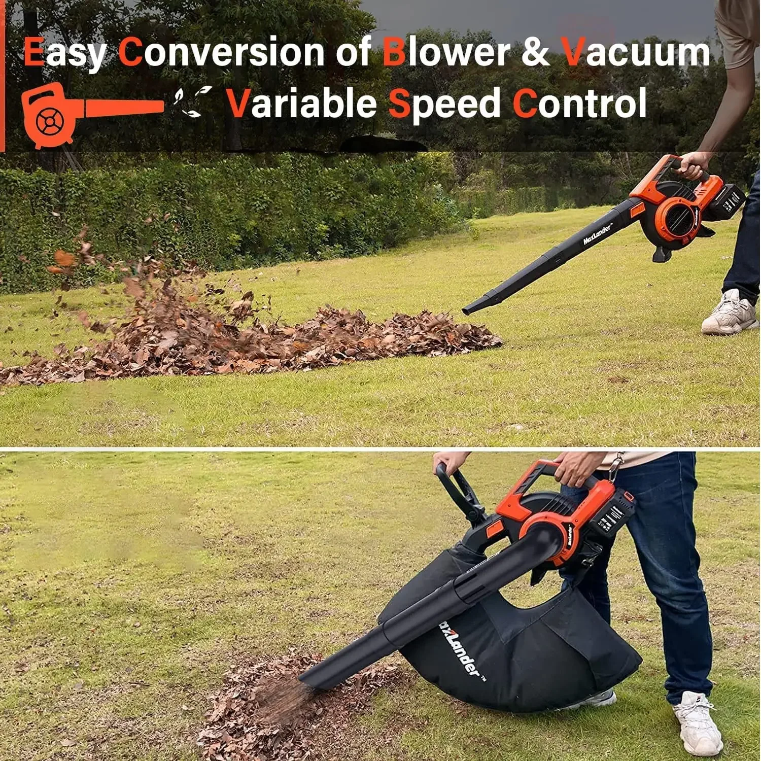 3 in 1 Cordless Leaf Blower & Vacuum with Bag, Brushless Battery Powered Leaf Vacuum Mulcher 40V 170MPH 360CFM 5 Speeds Leaf Blo