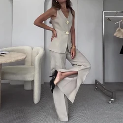 Elegant Solid Women Two Piece Office Suit High Street Slim Outfit Commuter 2024 Sleeveless V-neck Blouse Tops&Flare Pants Set