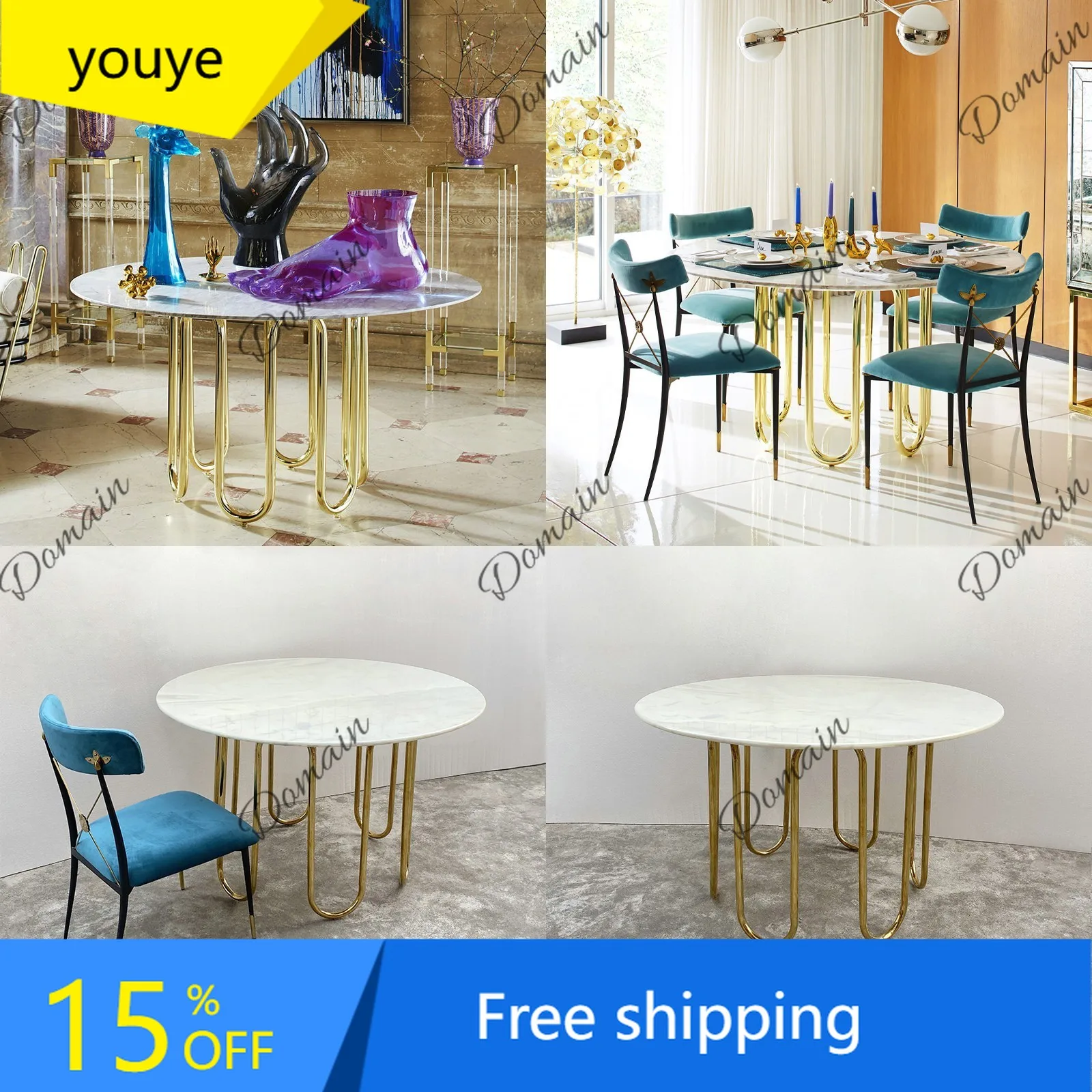 Cv Postmodern Simple Special-shaped Round Dining Table, Natural Jazz White Marble Countertop, Stainless Steel Dining Table