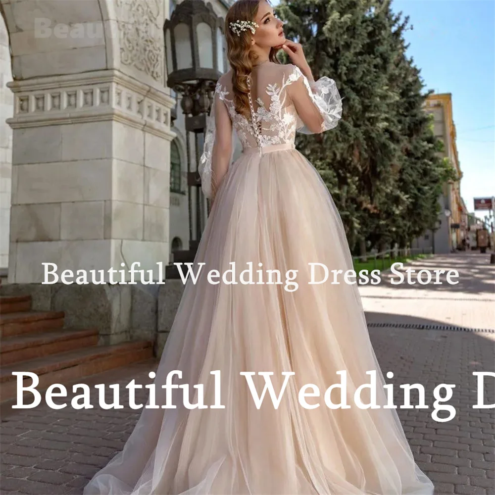 Vestidos de novia O-Neck Long Puffy Sleeve Wedding Dress Lace Appliques A-Line Floor-Length Tulle Wedding Party Dress Prom Dress