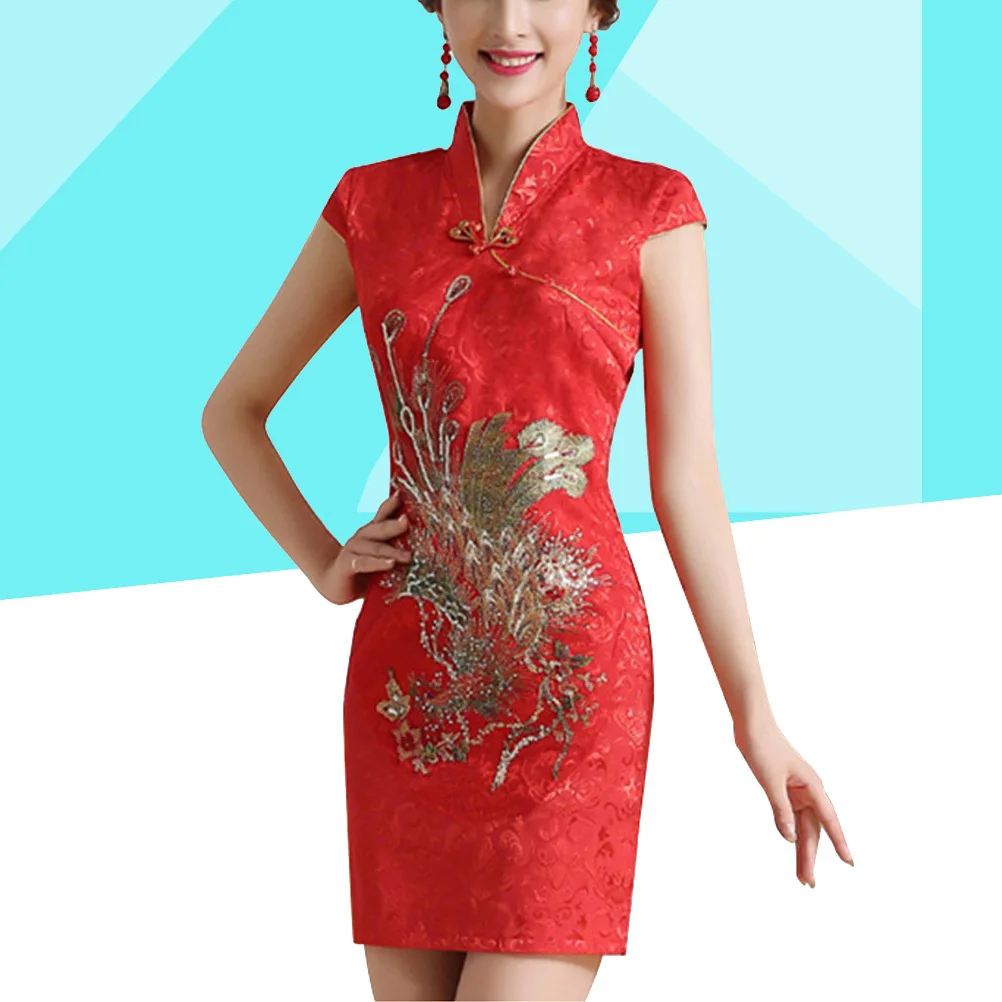 

Цельное мини-китайское свадебное платье Cheongsam, классический стиль, дизайн с узором, размер S для свадебного банкета, официального мероприятия