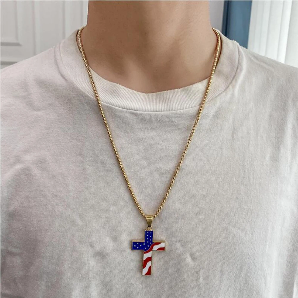 

1pc Hip Hop American Flag Cross Pendant Clavicle Chain Alloy Women Girls Necklace Fashion Jewelry Daily Wear Girls Gift