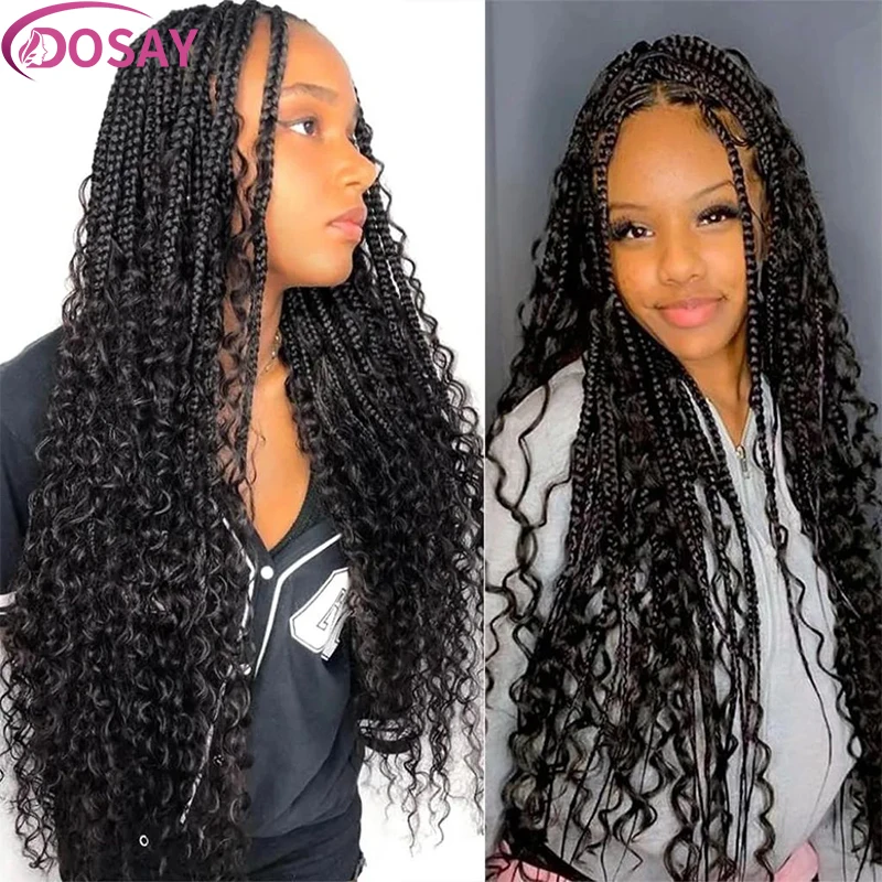 Bohemian Synthetic Braided Full Lace Wig Black Natural Lace Front Square Part Braid Wigs 32inch Long Box Braids Lace Frontal Wig