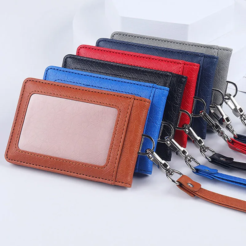 Office Luxury Multi-card Leather Man Business Credit ID Bank Card Holder Case For 5 Cards With Neck Lanyard