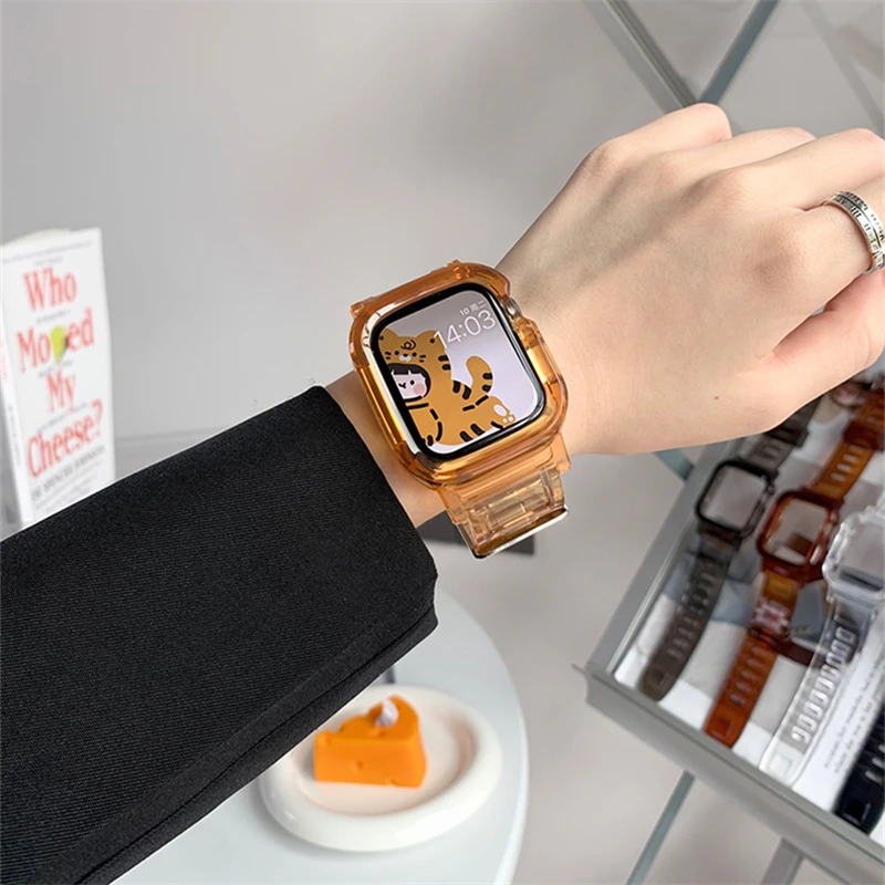 Clear Band+Case For Apple Watch Series 8 7 6 5 4 SE 44mm 42mm Transparent For iWatch 3 2 1 38mm 40mm 45mm 41mm Plastic Strap