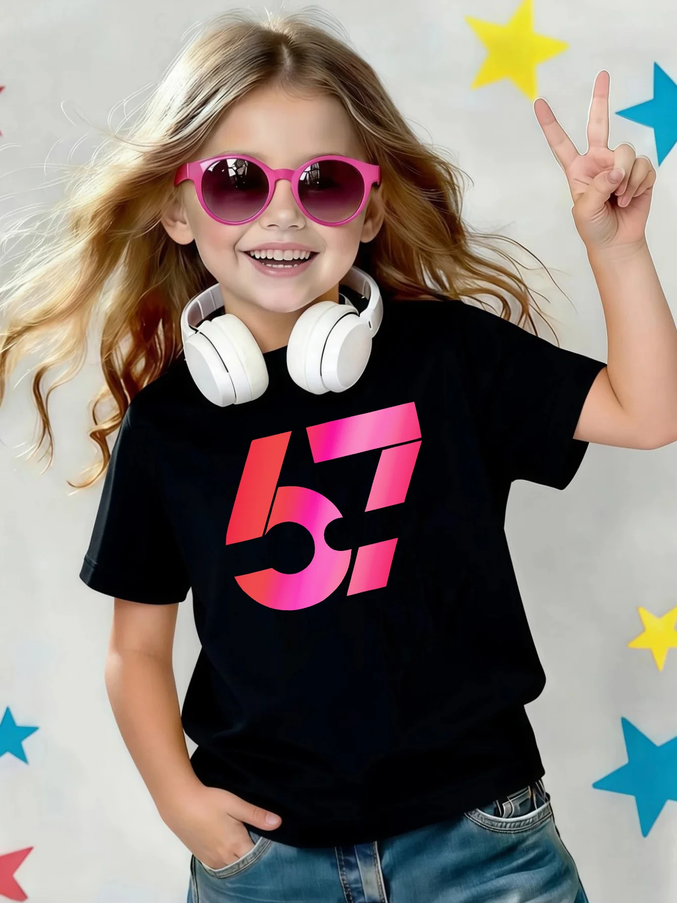 Gradient Red Pink Number 57 Fashion Letter Print Kid T Shirt Boys Girls Cotton Short Sleeve Parent Child Summer Casual Basic Tee