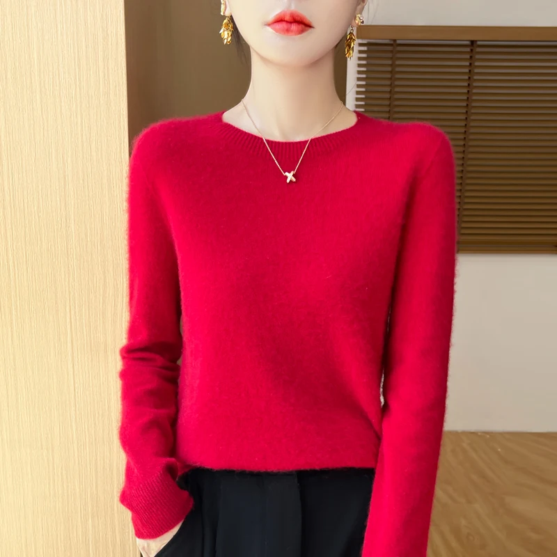 Fall/Winter 2024 New 100% Merino Wool O-neck Long Sleeve Solid Color Loose Knitted Pullover Knitted Bottom Shirt Sweater