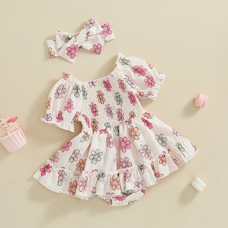 Baby Girls Rompers Dress Baseball Floral Print Short Sleeve Skirt Hem Bodysuits Summer Clothes with Headband