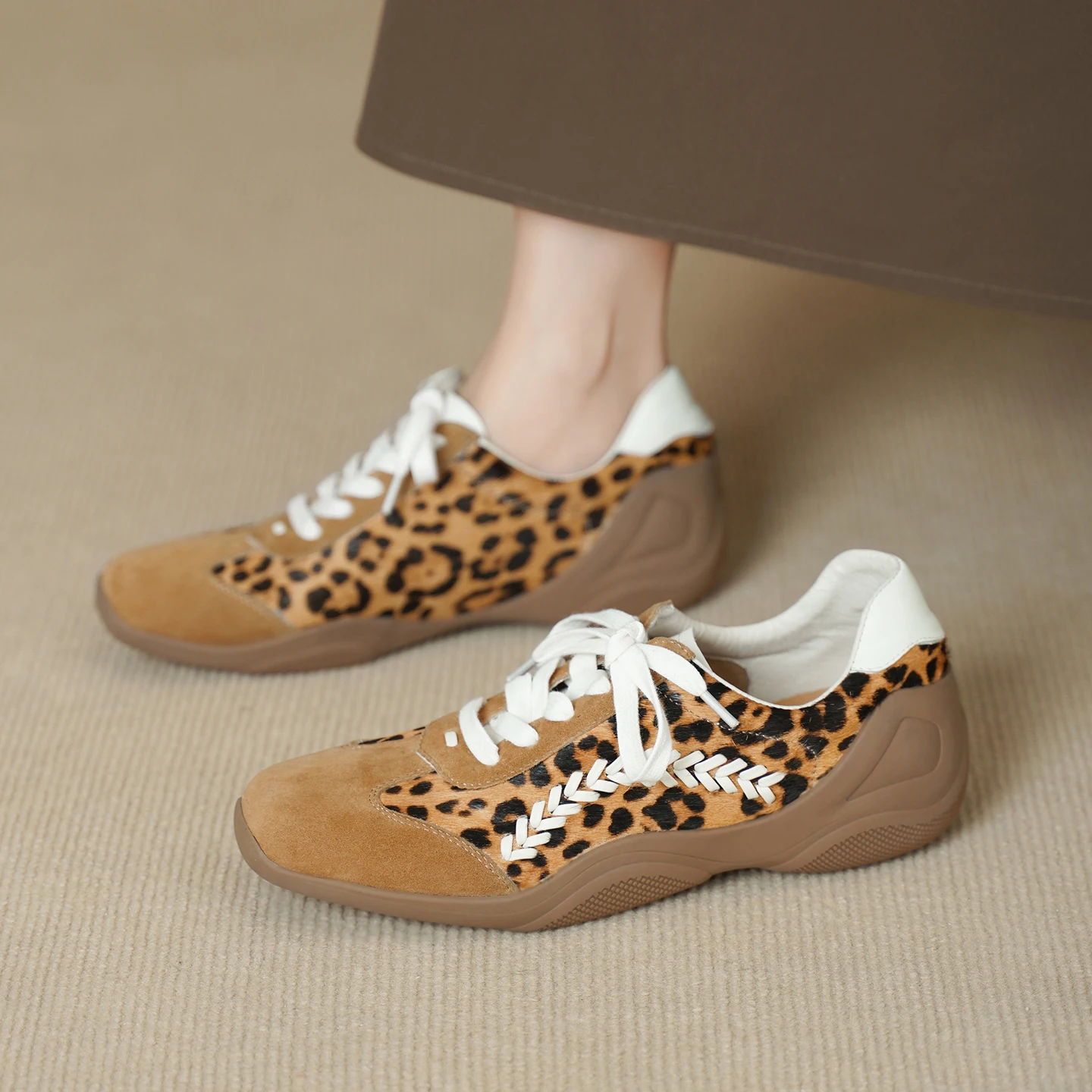 

Genuine Leather Horsehair +Sheepskin Women Sneakers, Lace-up Training Shoes, Leopard Flats Womens Shoes,Ladies Sports Shoes