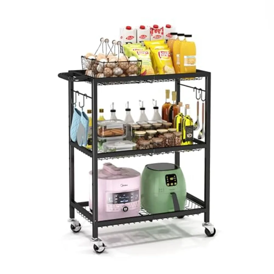 

Space-Saving Kitchen Cart 3-Tier Rolling Cart with 150Lbs Capacity Black Storage Cart with 2 Lockable Wheels for Kitchen Island