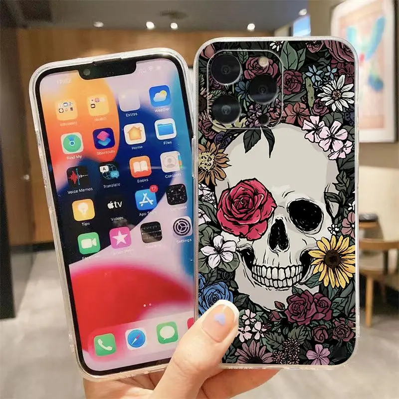 Clear Phone Case For iPhone Apple 14 12 13 Mini 11 Pro SE 8 7 6 6S Plus X XR XS Max SE Case Funda Capa Shell Skull Skeleton Art