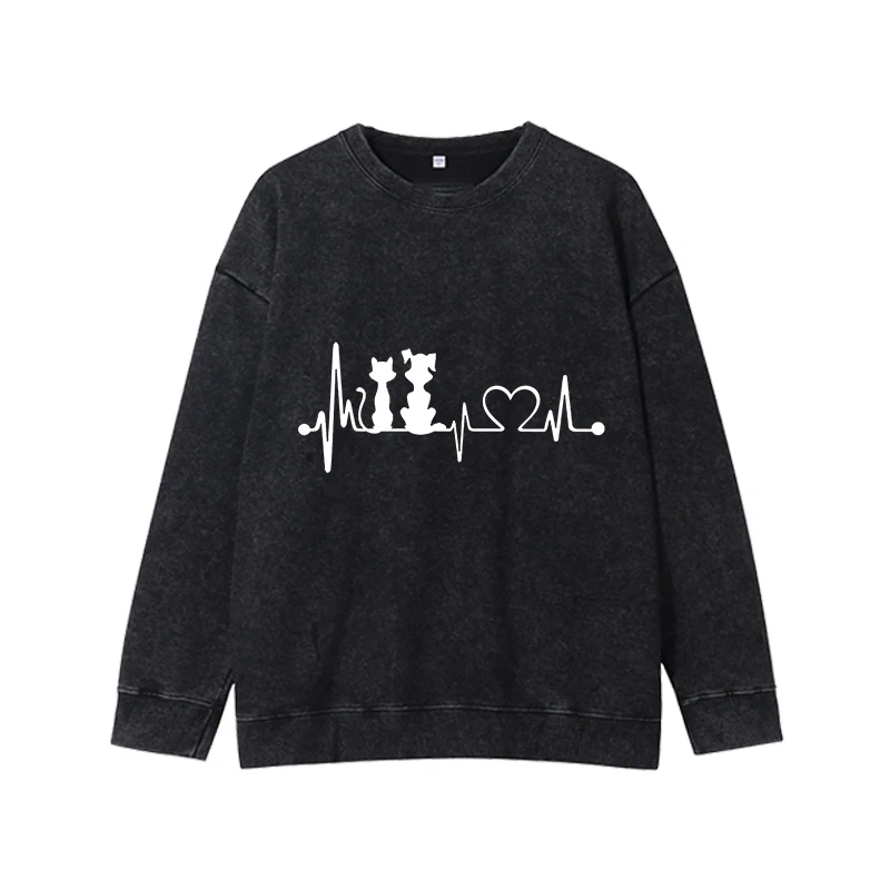 LOVE Cat Claw Pattern Women's Long Sleeve Round Neck Women's Street Retro Loose Street Sportswear