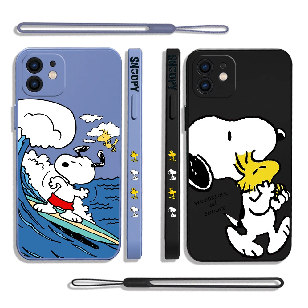 Lovely Cartoon Phone Case For iPhone 15 14 13 12 11 Pro Max Mini X XR XSMAX 8 Plus S-Snoopys Soft Silicone Cover With Hand Strap