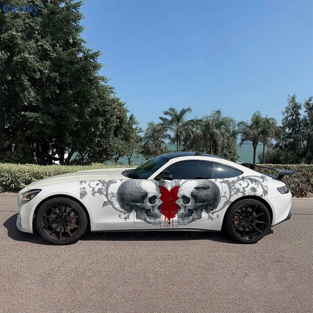 2pcs Floral Scroll Skulls & Blood Heart Car Side Wraps, Self-Adhesive PVC Waterproof & Scratch-Resistant Stickers, Car Accessory