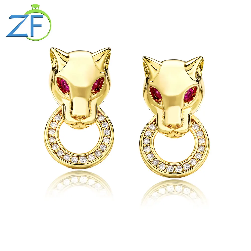 

GZ ZONGFA Real 925 Sterling Silve Animals Leopard Studs Earrings for Women Natural Ruby Diamond 14K Gold Plated Fine Jewelry