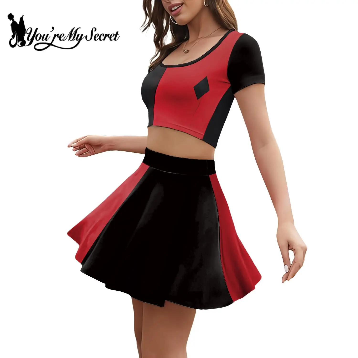 [You're My Secret] Movie Clown Harley Women Suit Joker Hero Cosplay Costume High School Crop Top Pleated Skirt Two Piece Sets