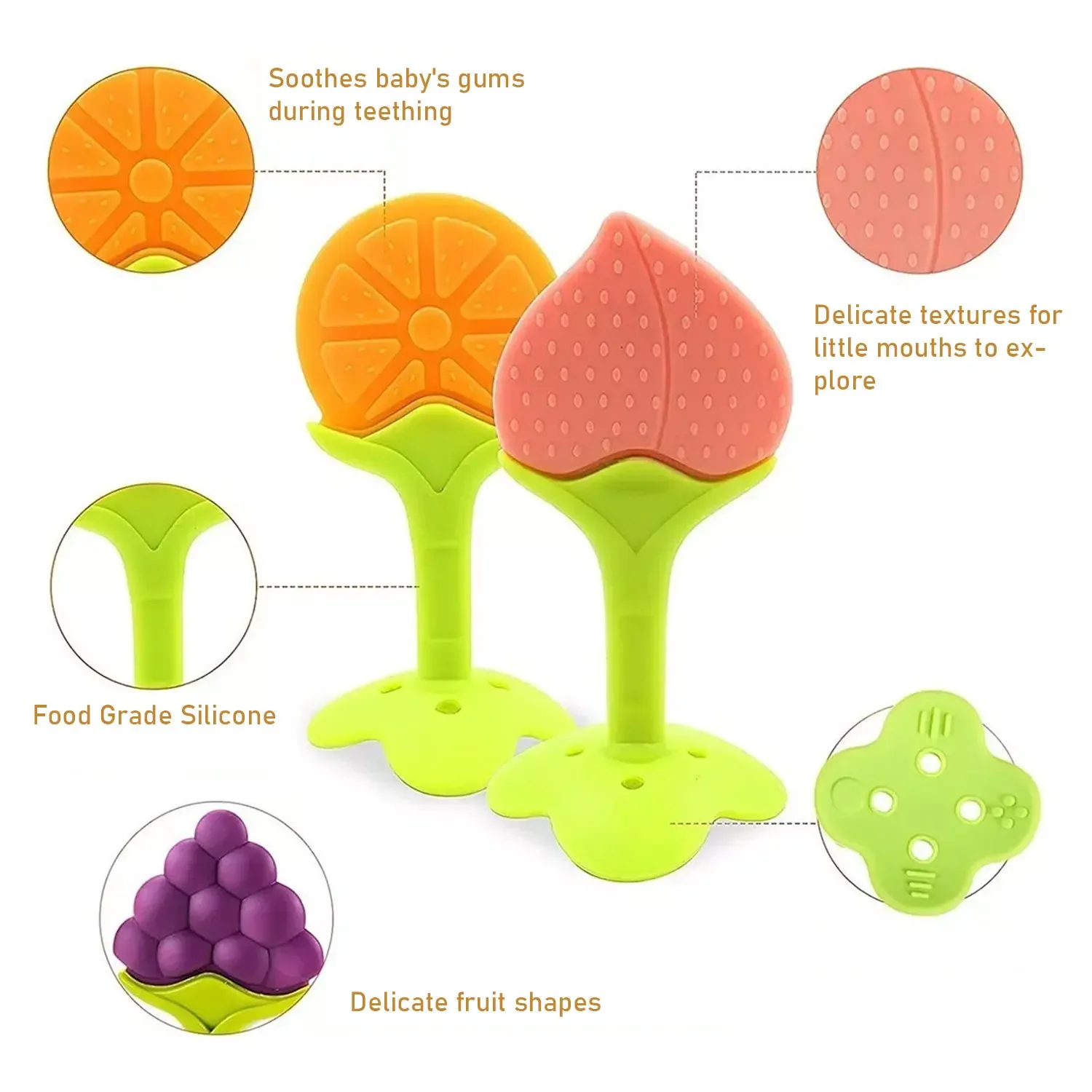 Baby Fruit Shape Chewing Strawberry Baby Teether Food Grade Silicone Teething Stick Mouthwash Anti Hand Eating 3-12 Months