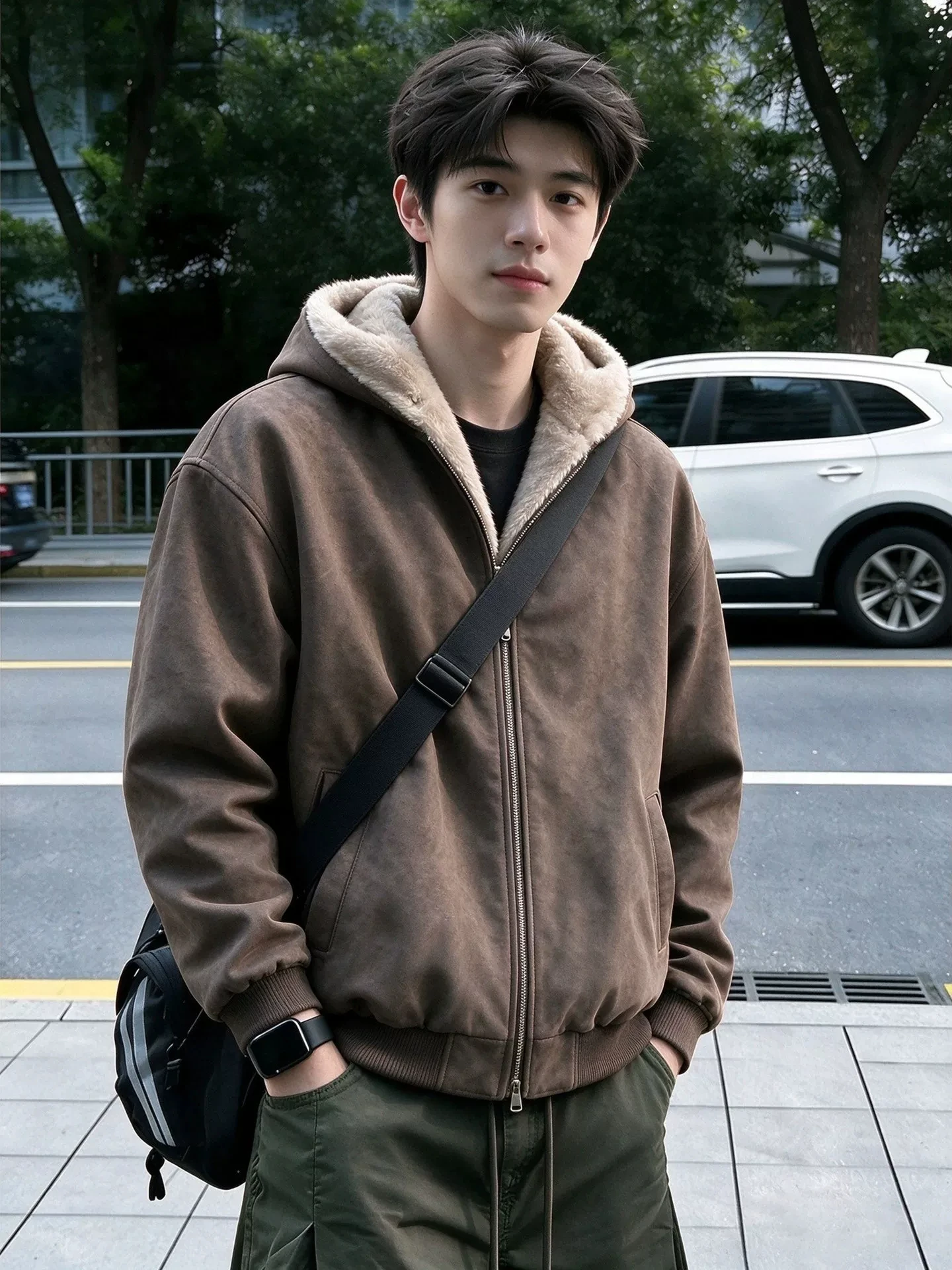 American Style Men's Thickened Hooded Cotton Jacket Winter Warmth Insulation Fleece Lined Coat Fur Collar Casual Long Sleeve