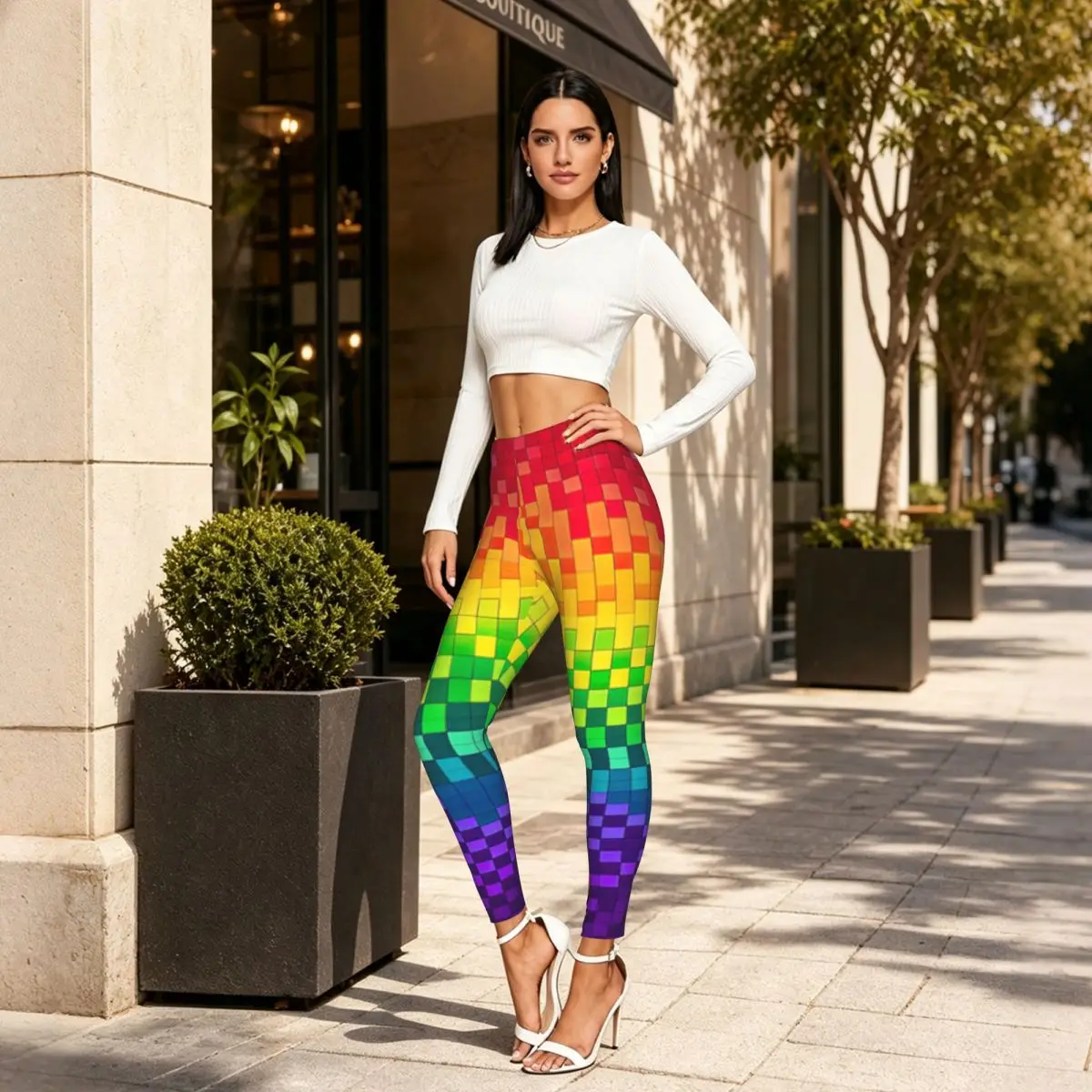 Rainbow Pixel Art Women Leggings High Waisted Stretch Tights Workout Running Pants