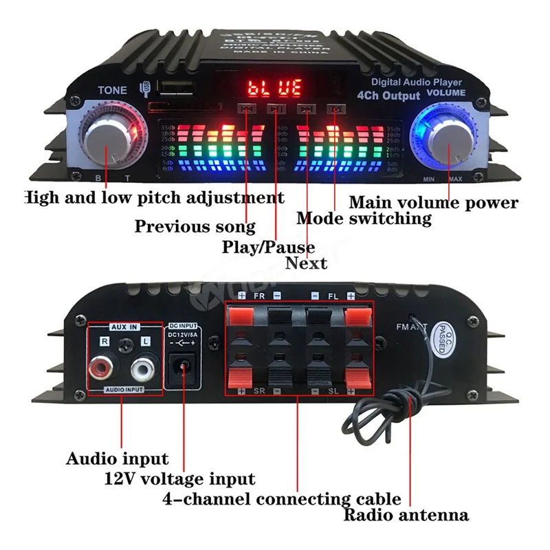 AMPLIFICADOR DE Audio HIFI con Bluetooth 5,0, amplificador de sonido Digital de 4 canales para sistemas de Audio para el hogar, coche, Karaoke, compatible con USB, SD, AUX