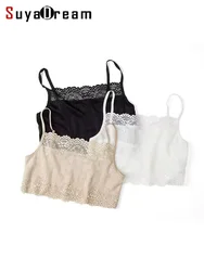 SuyaDream Women Tube Top 100% Natural Silk and Lace Bandeau Adjustable Shoulder tape New Healthy Underwear Beige Black White