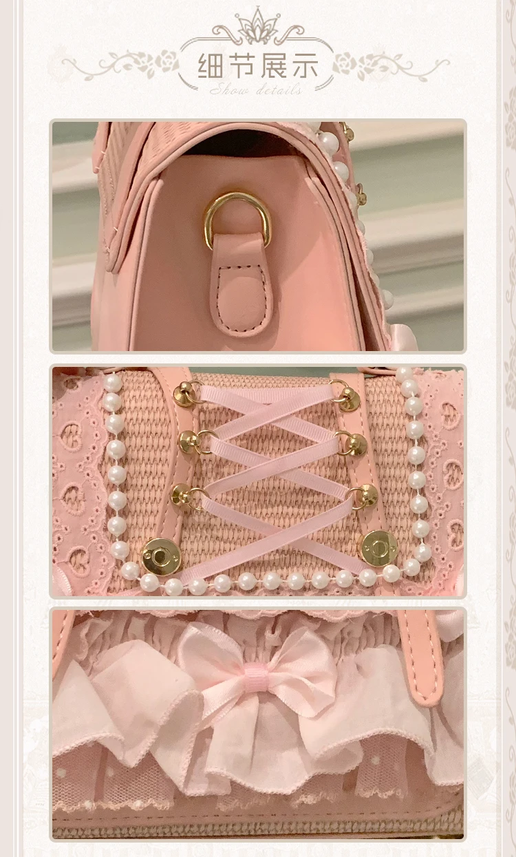 2025 Original Lolita Two-tone Bow Pearl Ribbon Cute Straw Bag Sweet Pastoral Shoulder Tote Bag Daily Backpack