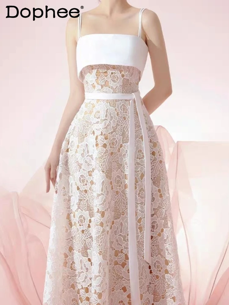 

French Bandeau Sling Hollow Lace Socialite Elegant White Holiday Dress 2024 Spring Summer New High Waist A- Line Dress Women