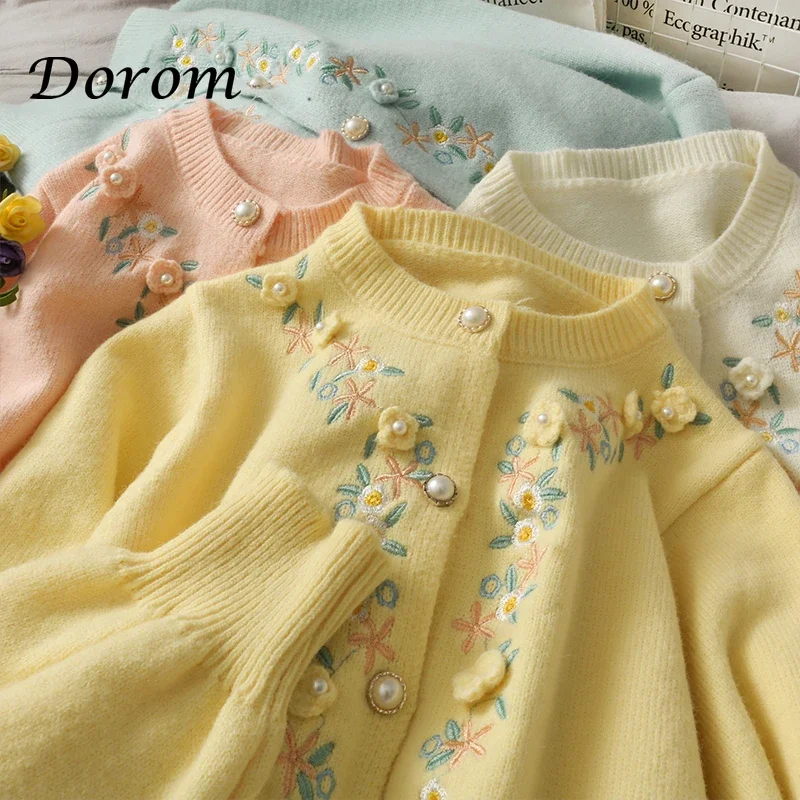 Vintage Floral Embroidery Cardigan Women Korean Casual O-neck Pearl Button Knitted Sweater Coat Autumn Loose Jumpers Outerwear