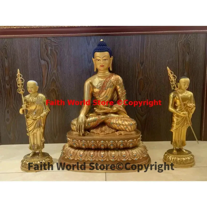 A set 3PCS ASIA Buddhism Tantric almighty Shakyamuni Master Apprentice Ananda Kasyapa Worship Buddha statue High quality copper