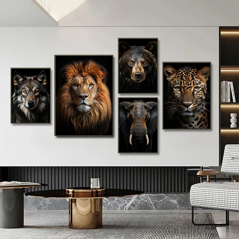 1pc frameless Black Lion Cool Animal Portrait Canvas Painting Poster Wall Art Nordic Deer Tiger Wolf Aesthetic Picture for Livin