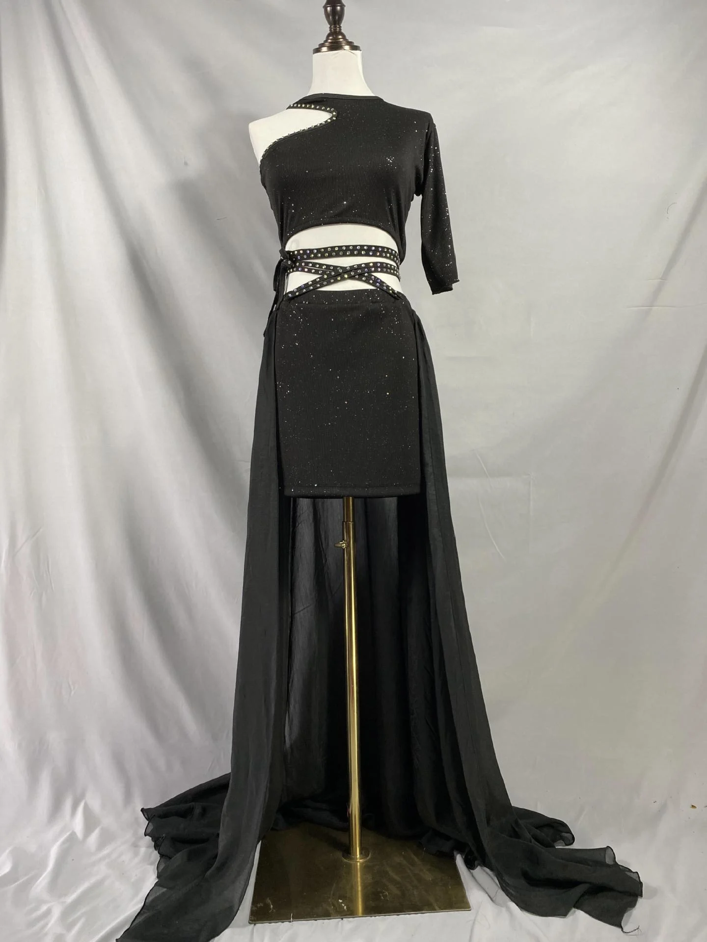 Belly Dance Diamond-studded Black Top + Long Skirt Suit Belly Dance Oriental Dance Big Swing Skirt Stage Performance Suit Dress